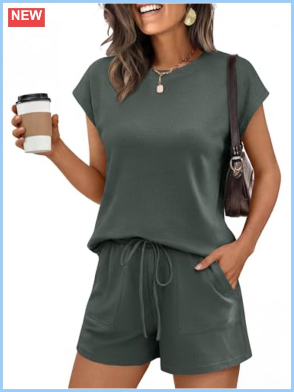 Waffle Knit 2 Piece Short Set Cap Sleeve Top Drawstring Shorts Loungewear
